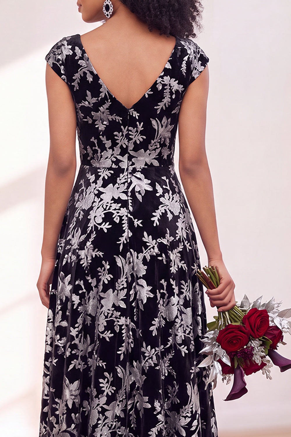 Blue Burgundy Flower A-Line V-Neck Long Formal Dress
