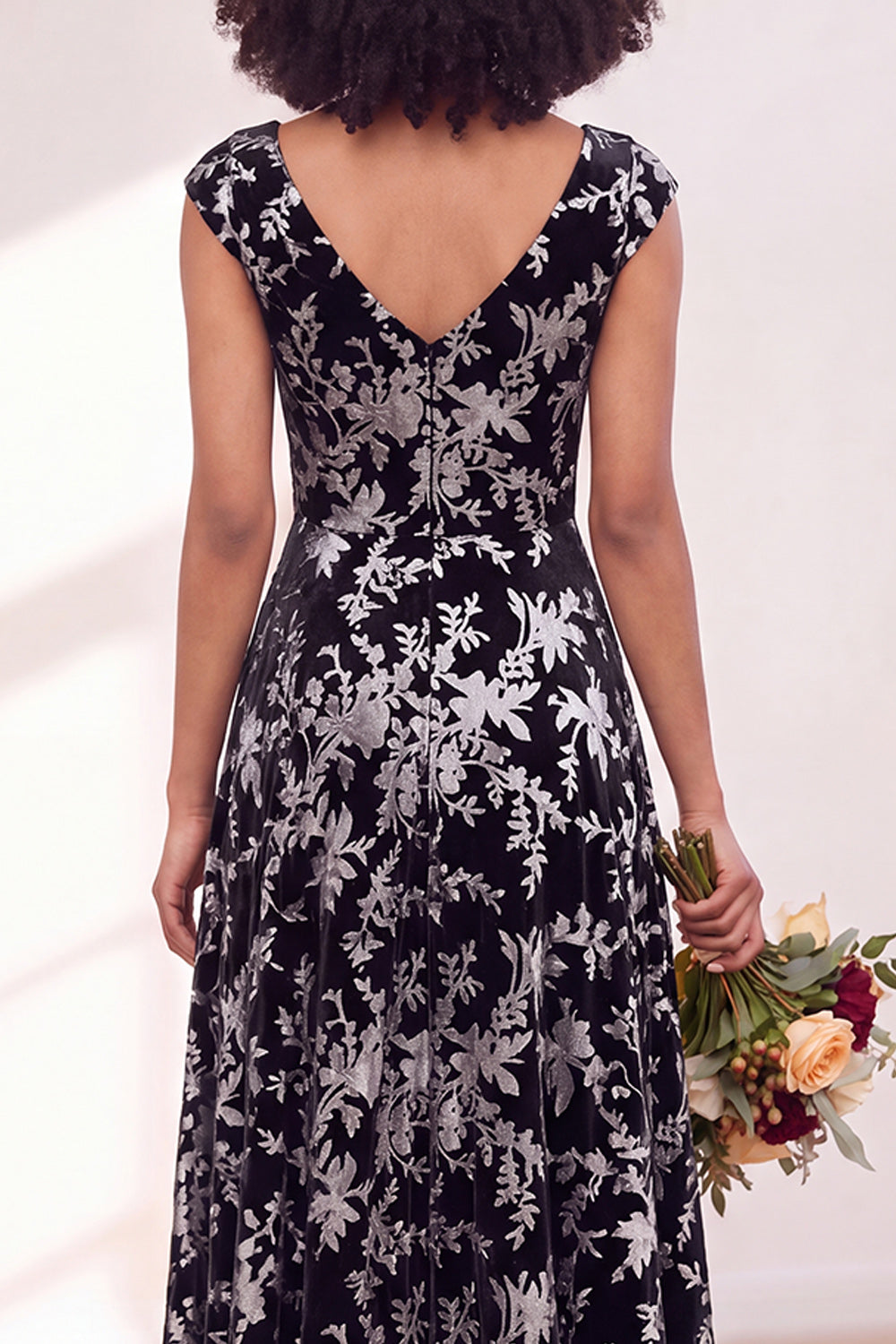 Blue Burgundy Flower A-Line V-Neck Long Formal Dress