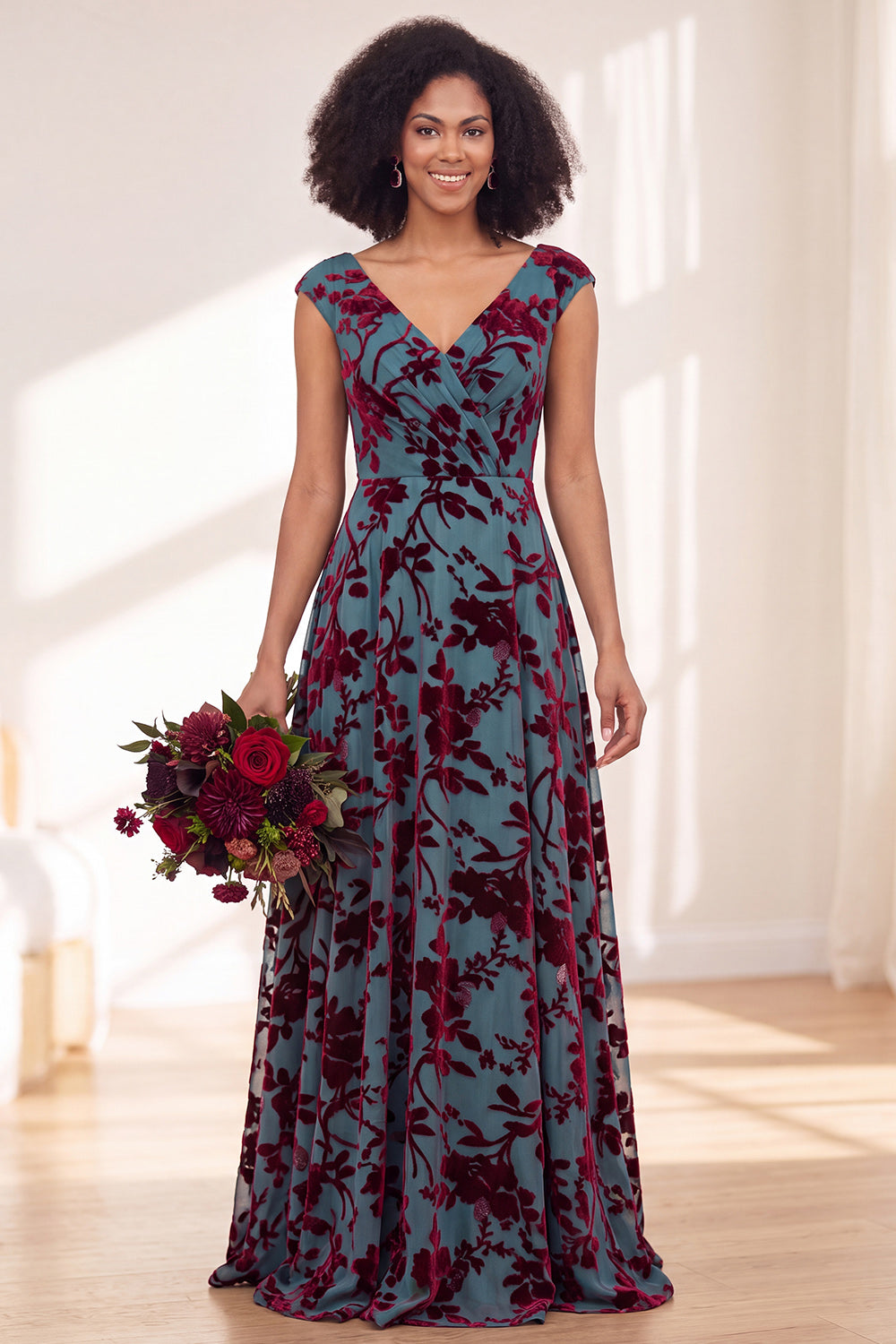 Blue Burgundy Flower A-Line V-Neck Long Formal Dress