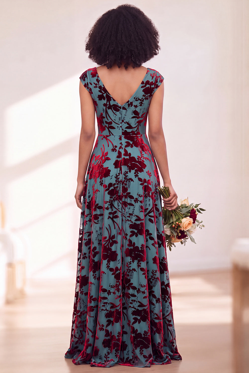 Blue Burgundy Flower A-Line V-Neck Long Formal Dress