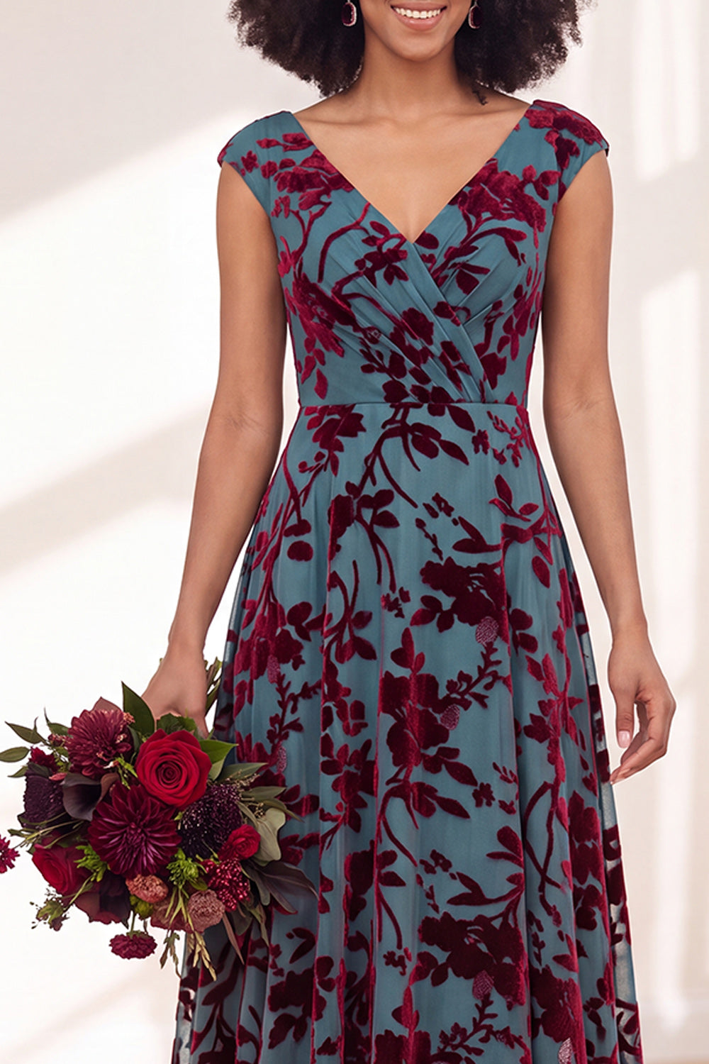 Blue Burgundy Flower A-Line V-Neck Long Formal Dress
