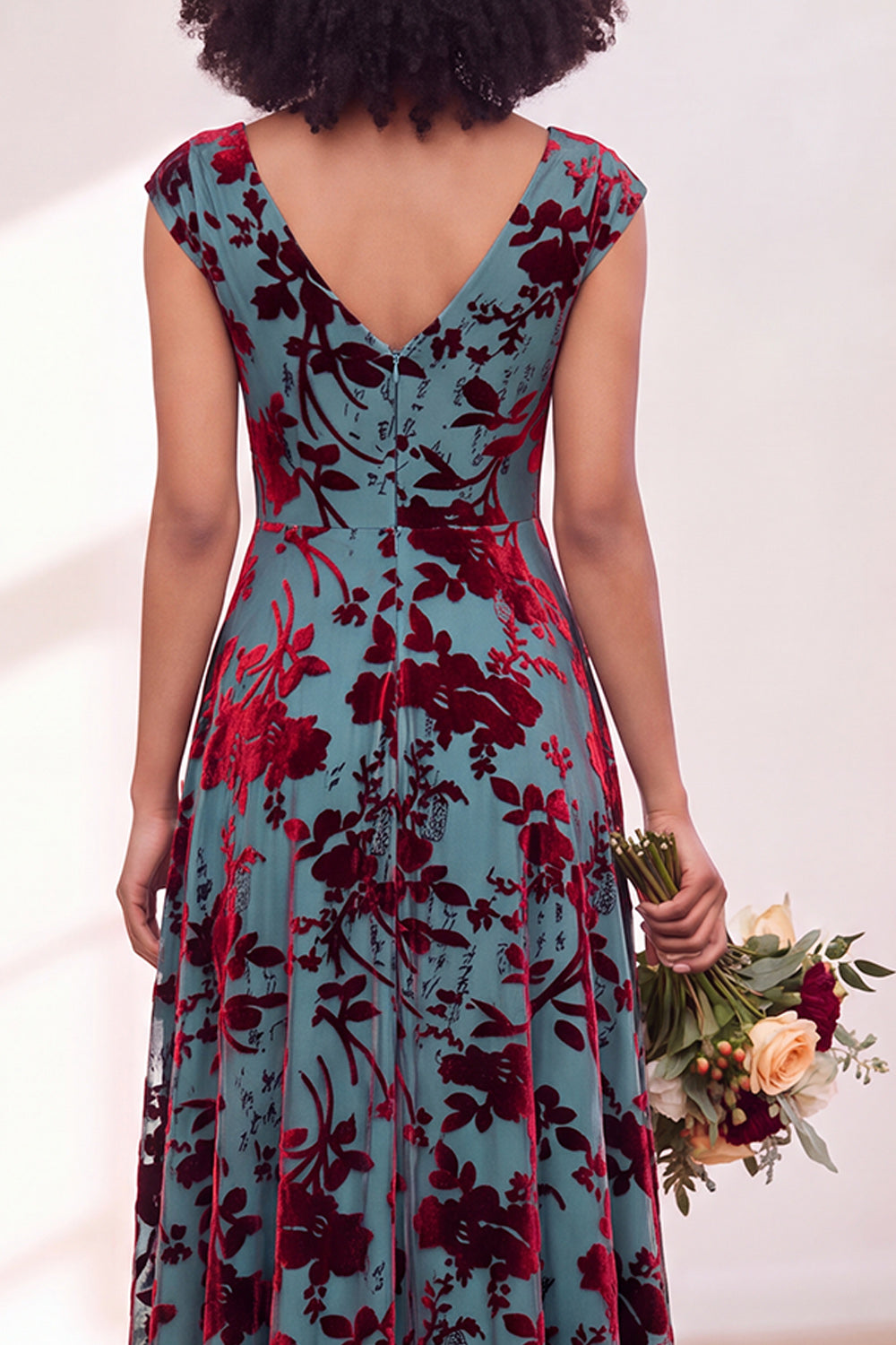 Blue Burgundy Flower A-Line V-Neck Long Formal Dress