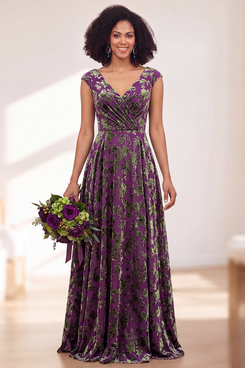 Blue Burgundy Flower A-Line V-Neck Long Formal Dress