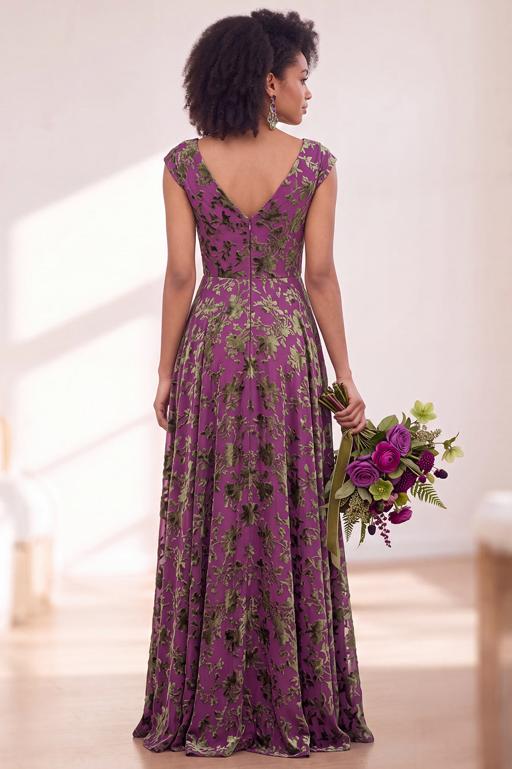 Blue Burgundy Flower A-Line V-Neck Long Formal Dress