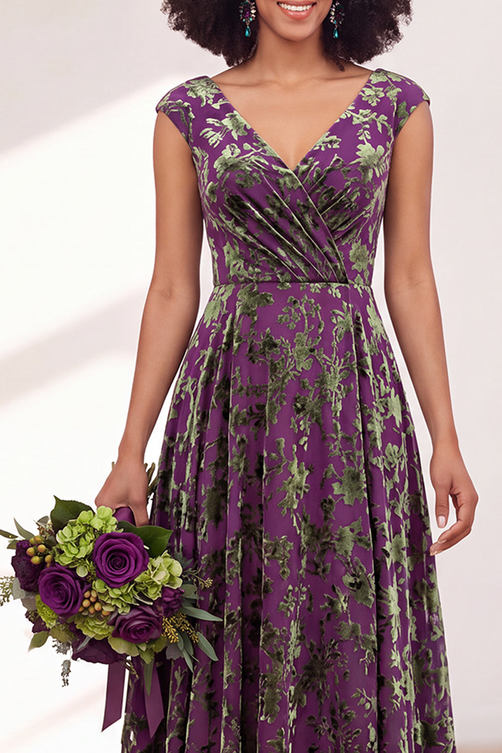 Blue Burgundy Flower A-Line V-Neck Long Formal Dress
