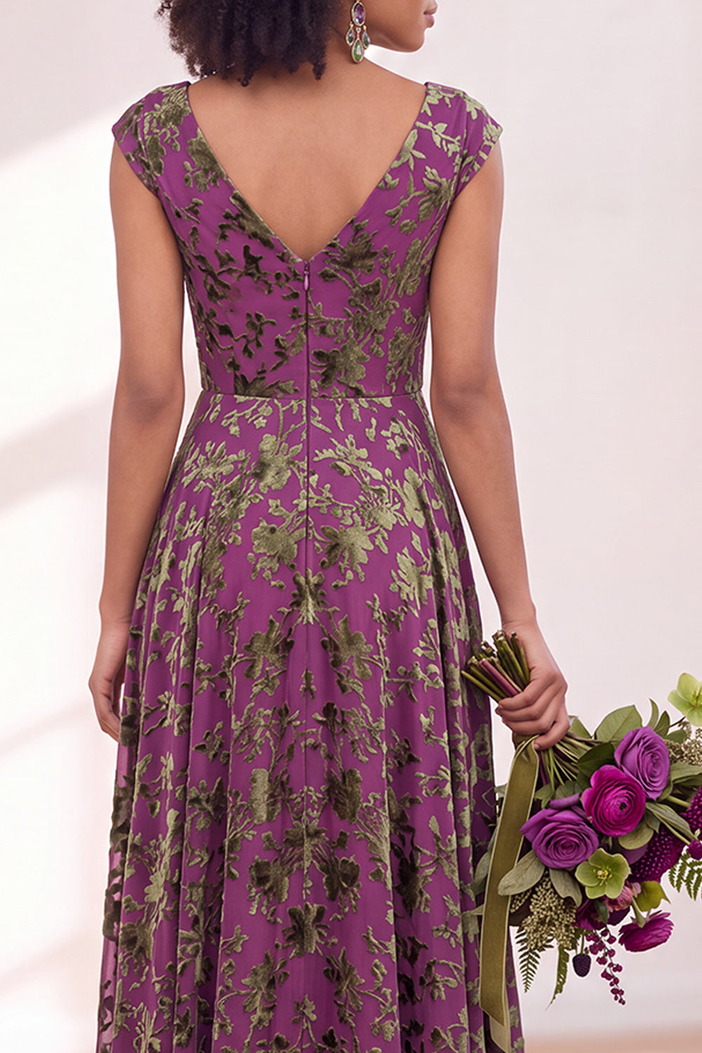 Blue Burgundy Flower A-Line V-Neck Long Formal Dress