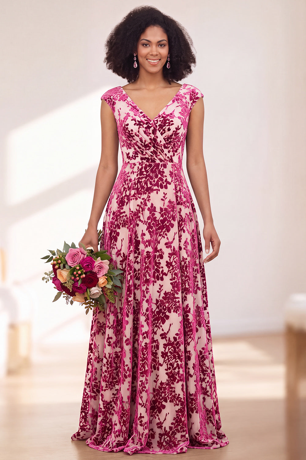 Blue Burgundy Flower A-Line V-Neck Long Formal Dress