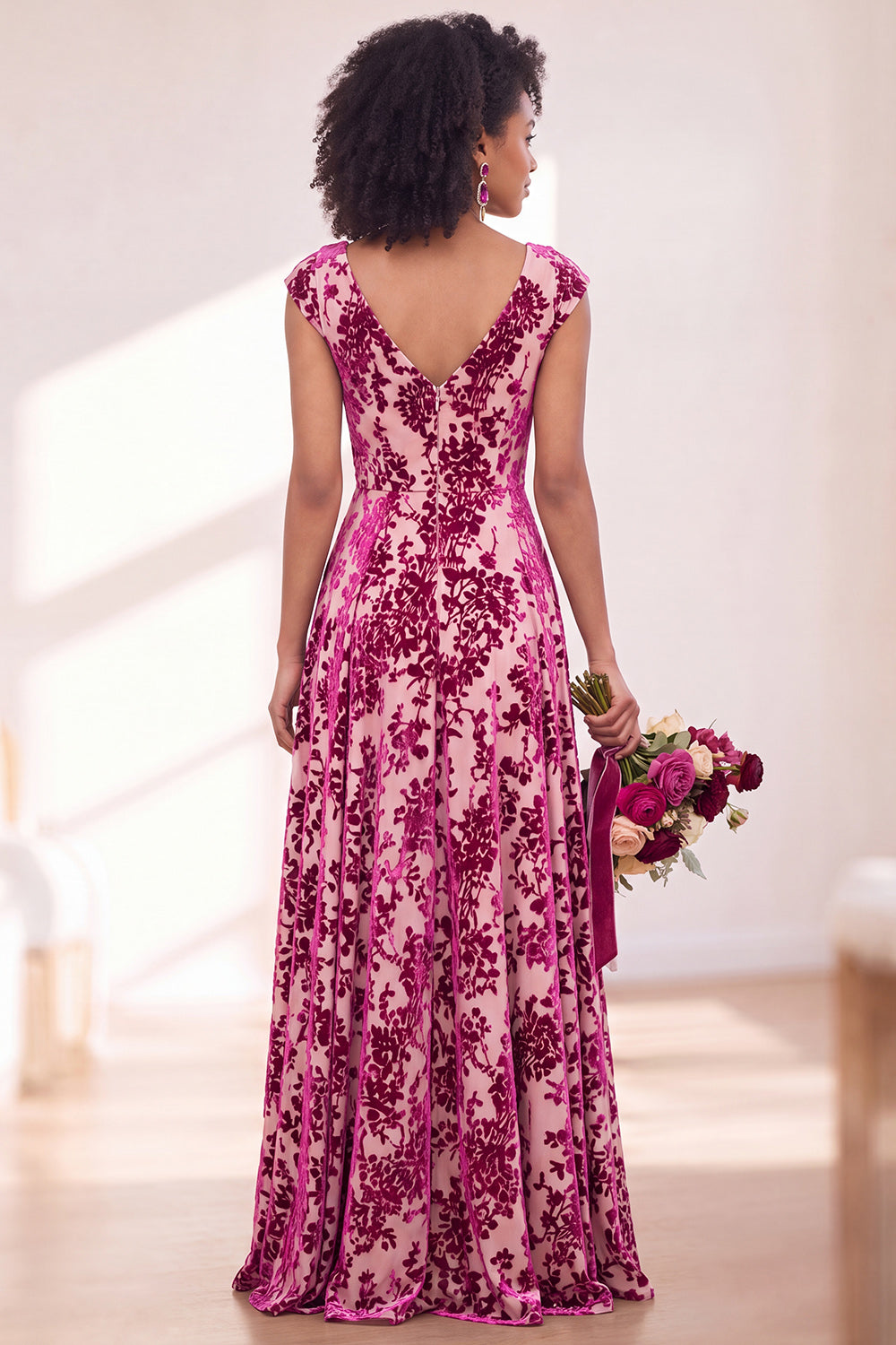 Blue Burgundy Flower A-Line V-Neck Long Formal Dress