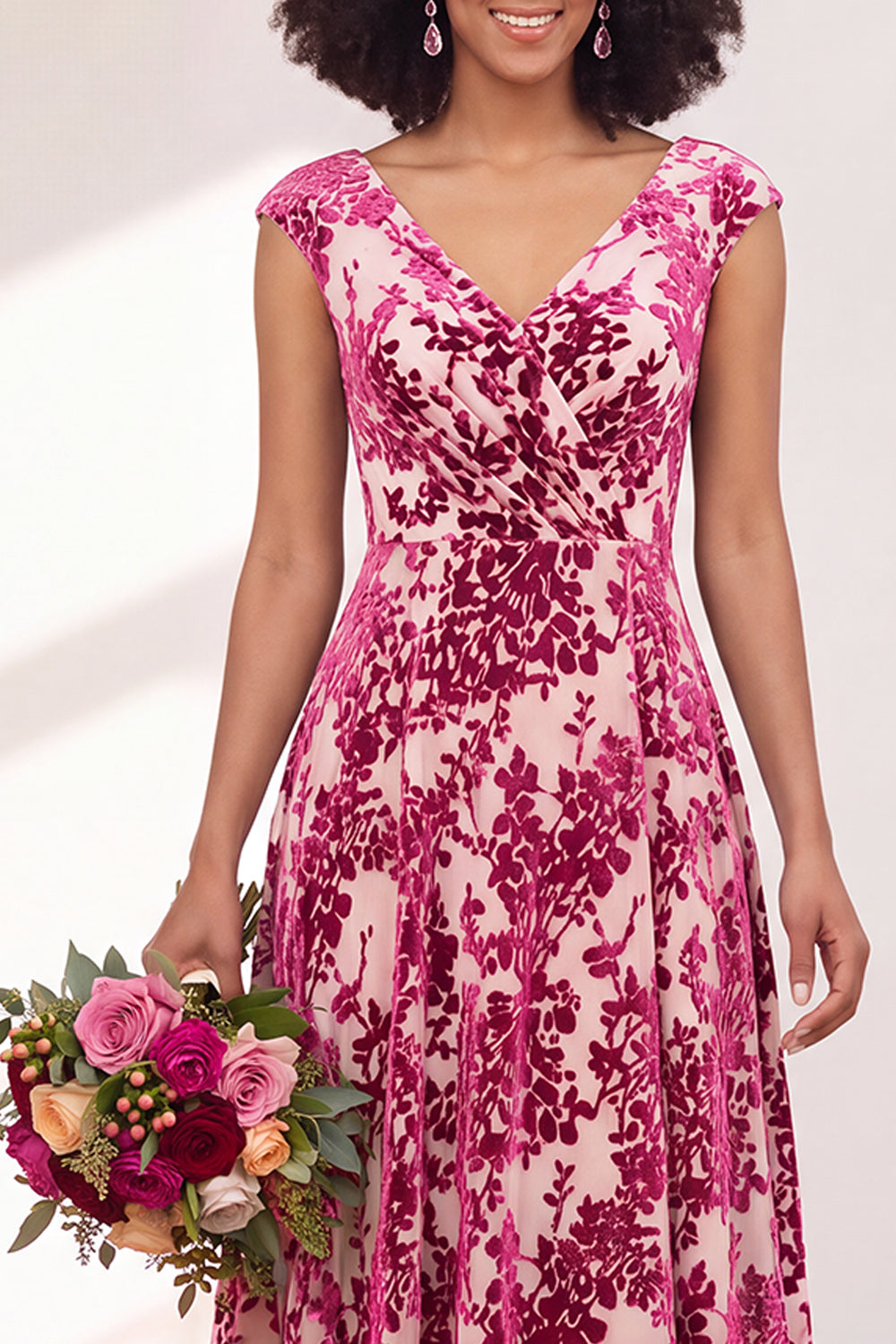 Blue Burgundy Flower A-Line V-Neck Long Formal Dress