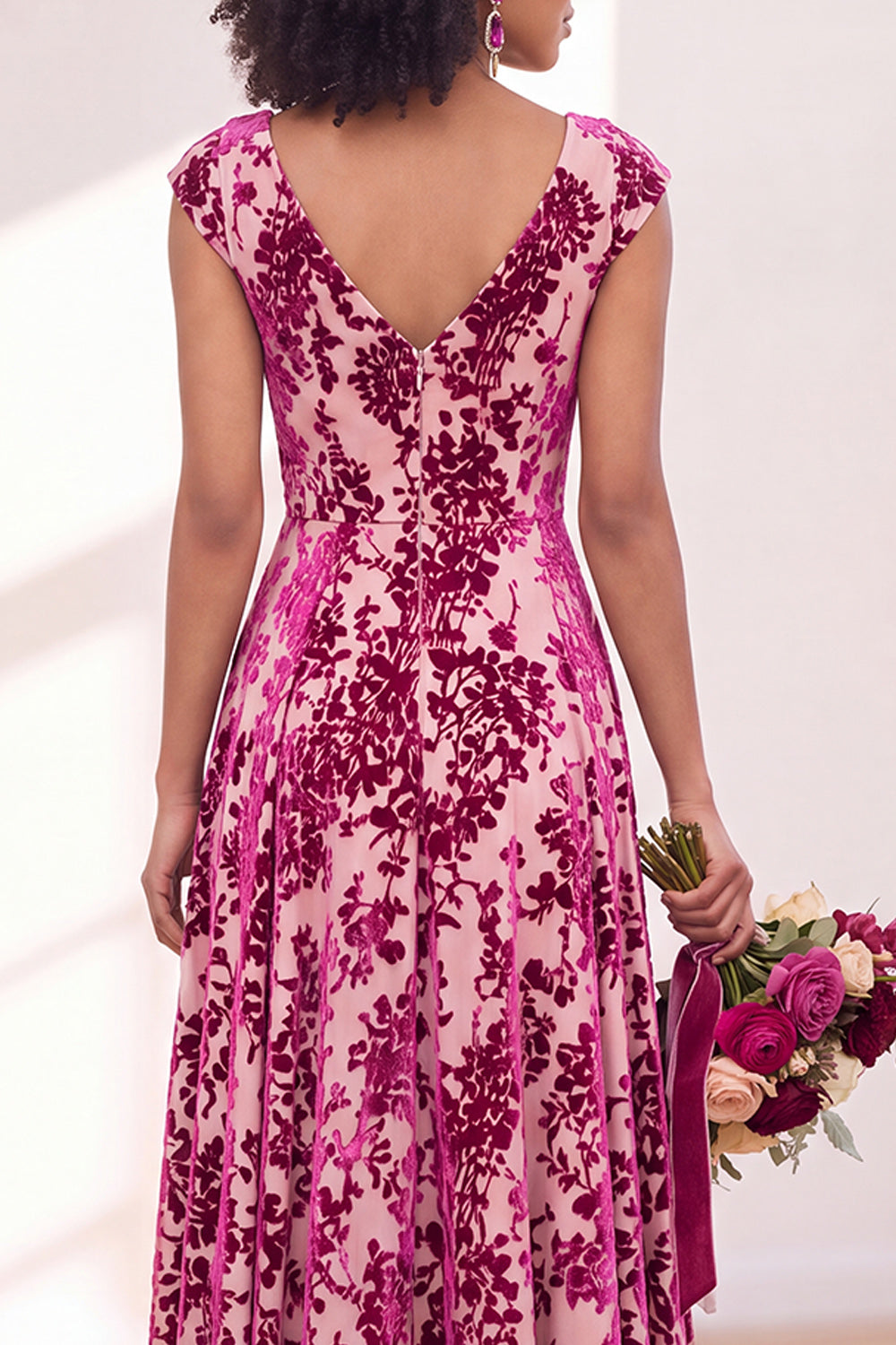 Blue Burgundy Flower A-Line V-Neck Long Formal Dress