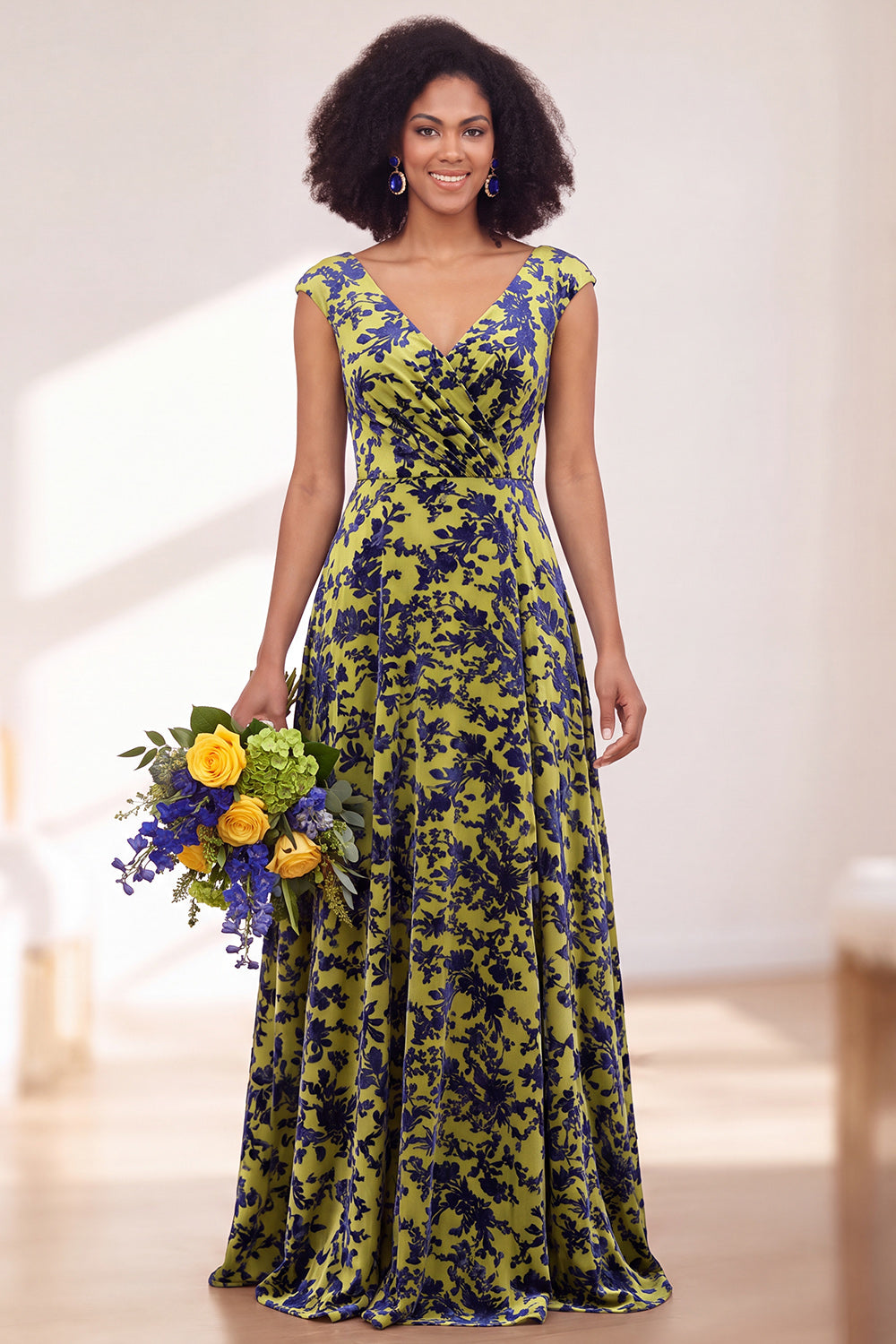 Blue Burgundy Flower A-Line V-Neck Long Formal Dress