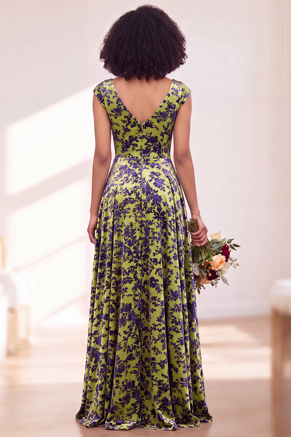 Blue Burgundy Flower A-Line V-Neck Long Formal Dress