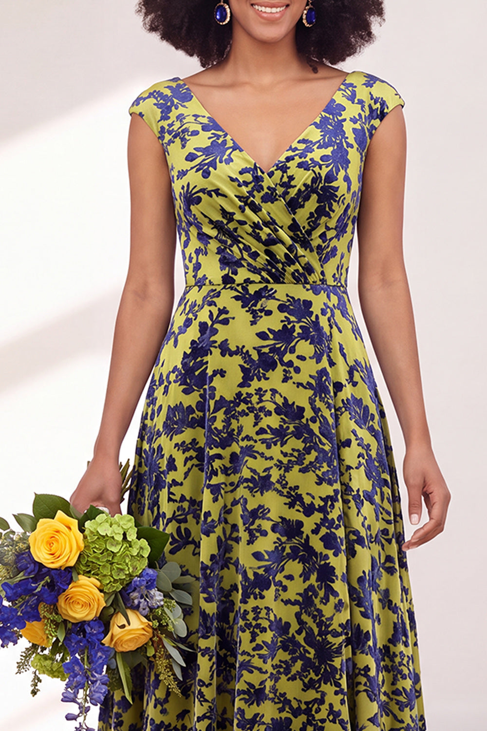 Blue Burgundy Flower A-Line V-Neck Long Formal Dress