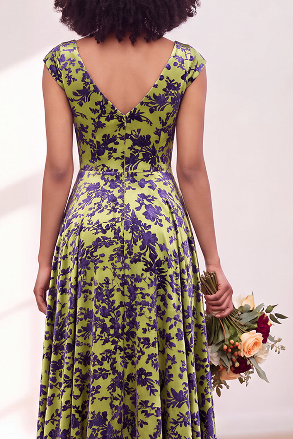 Blue Burgundy Flower A-Line V-Neck Long Formal Dress