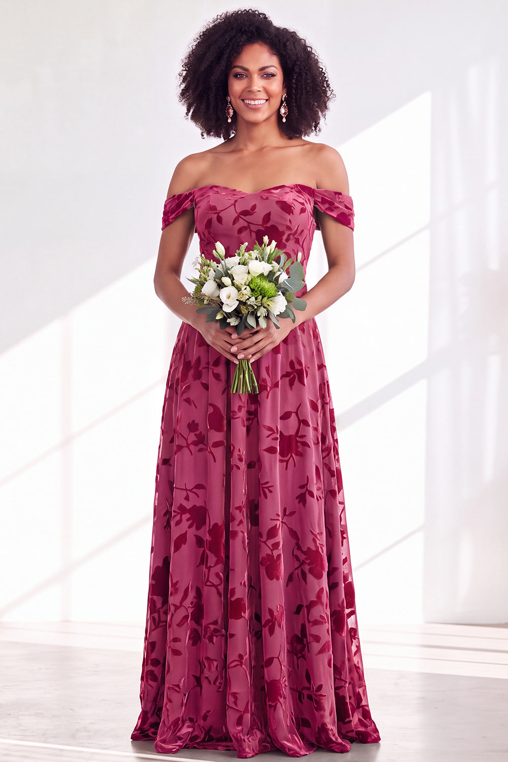 Green A-Line Floral Off the Shoulder Long Velvet Formal Dress
