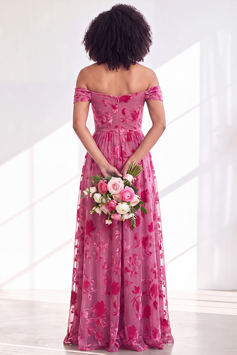 Green A-Line Floral Off the Shoulder Long Velvet Formal Dress