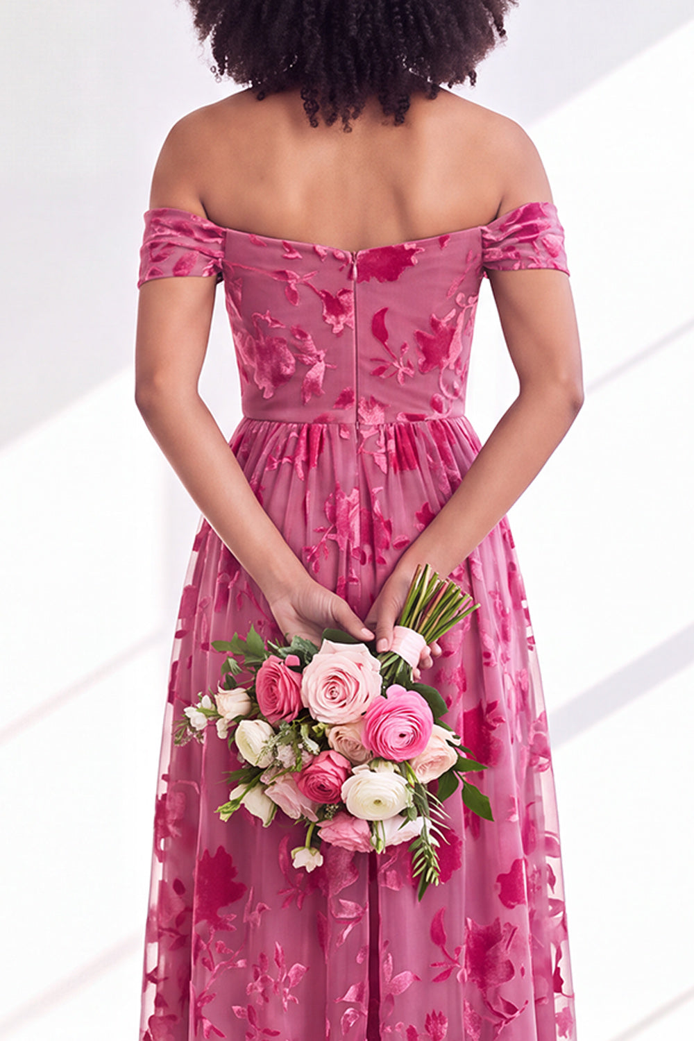 Green A-Line Floral Off the Shoulder Long Velvet Formal Dress