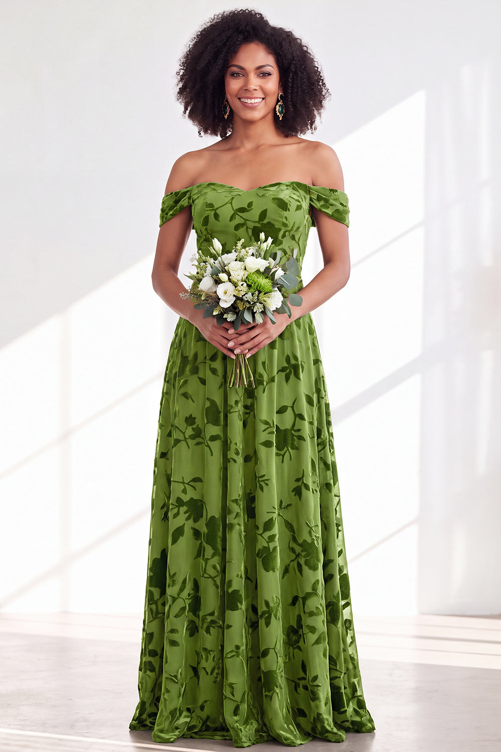 Green A-Line Floral Off the Shoulder Long Velvet Formal Dress