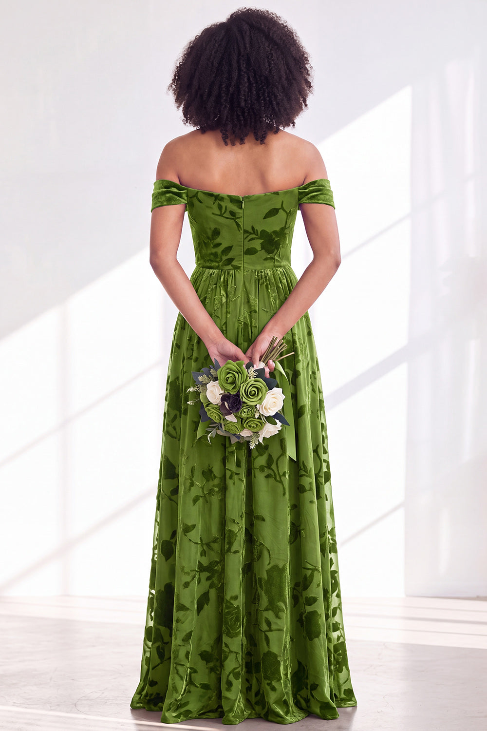 Green A-Line Floral Off the Shoulder Long Velvet Formal Dress