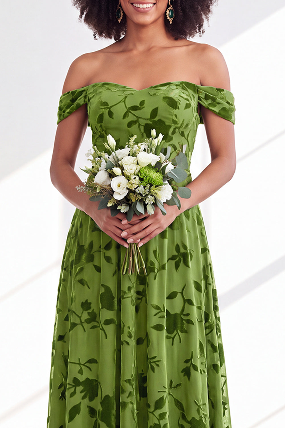 Green A-Line Floral Off the Shoulder Long Velvet Formal Dress