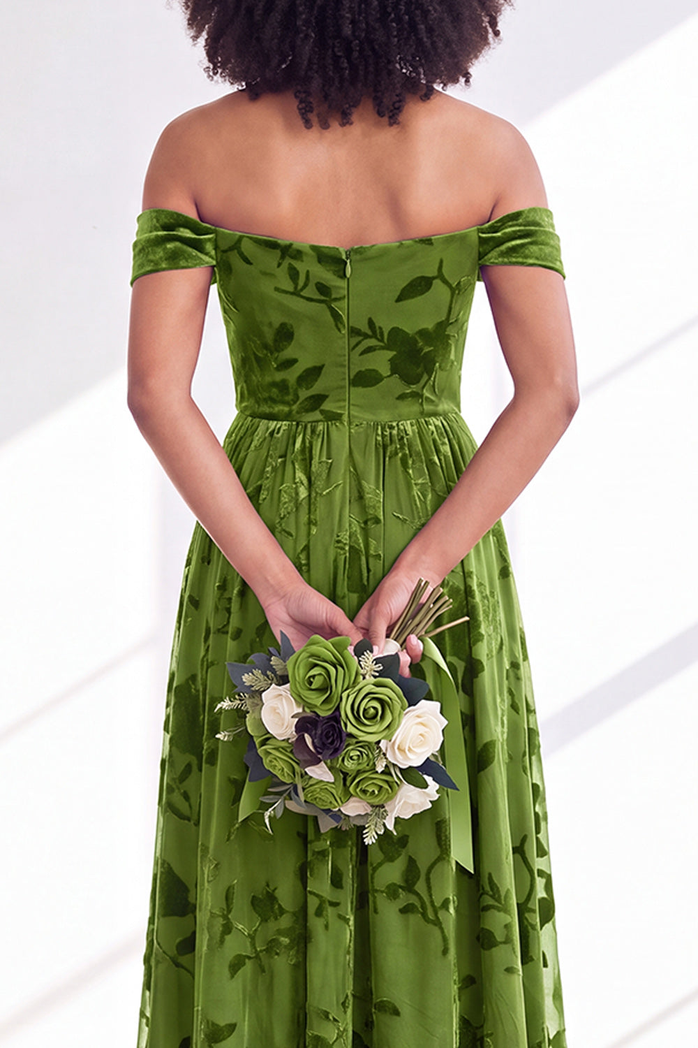 Green A-Line Floral Off the Shoulder Long Velvet Formal Dress