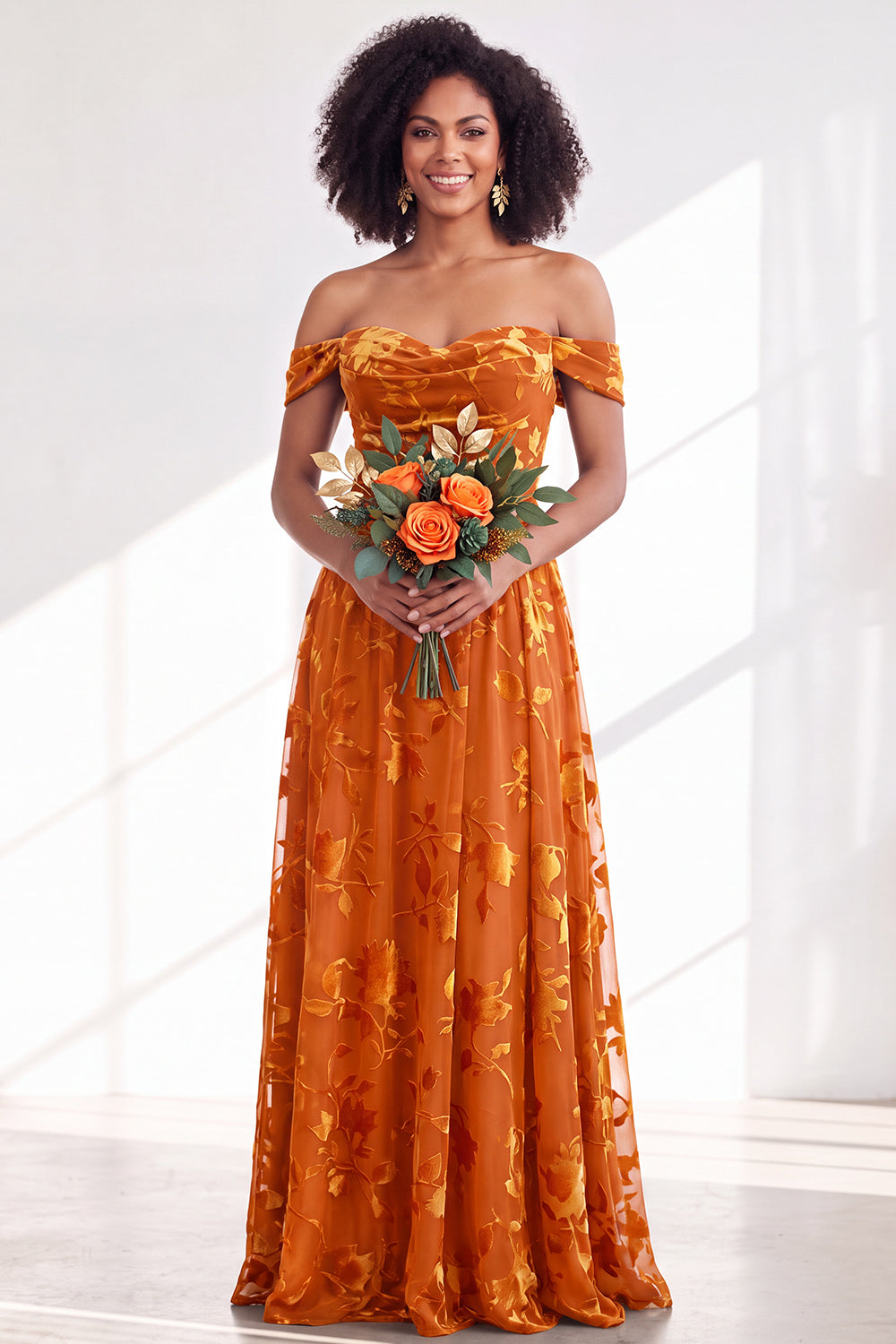 Green A-Line Floral Off the Shoulder Long Velvet Formal Dress