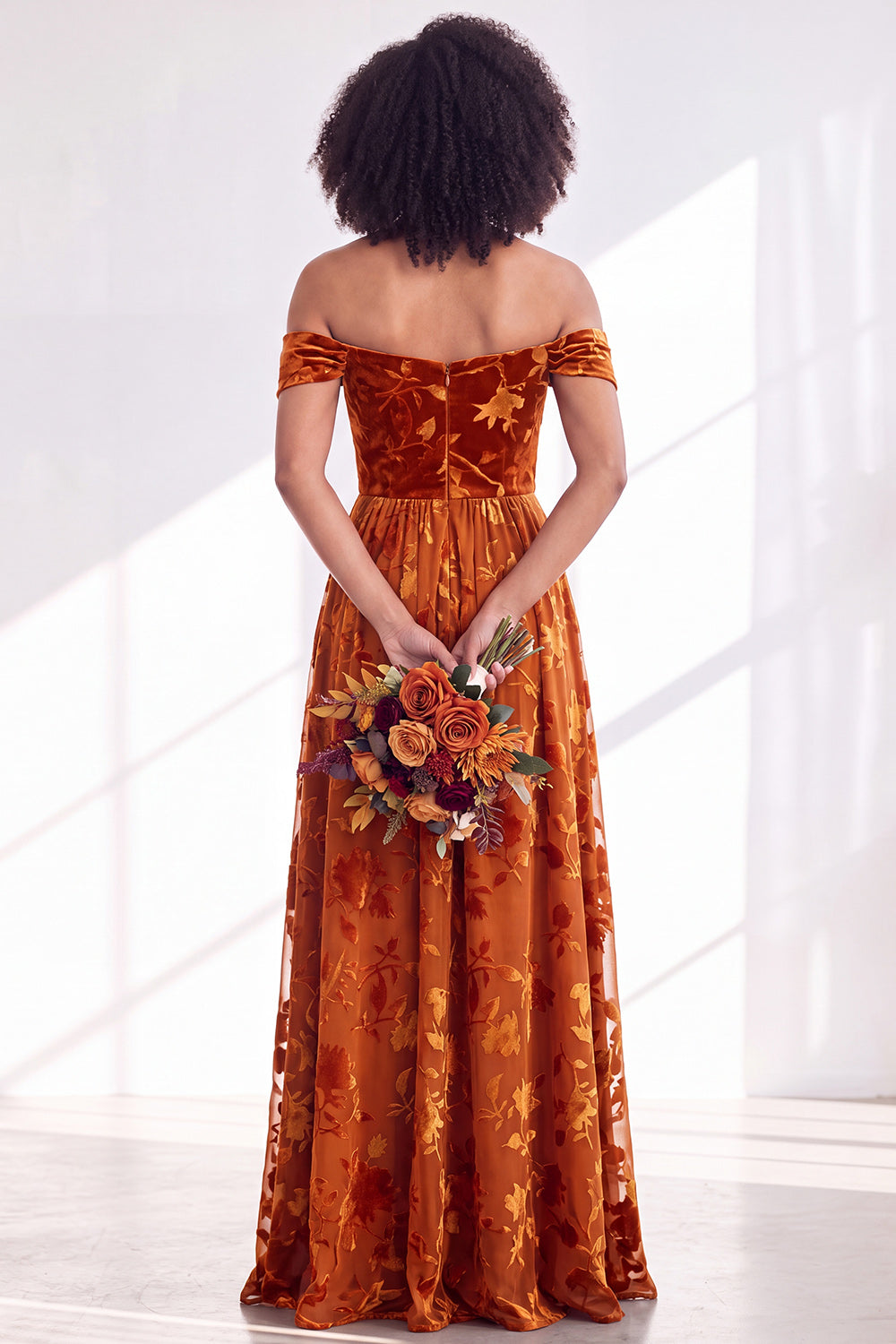 Green A-Line Floral Off the Shoulder Long Velvet Formal Dress