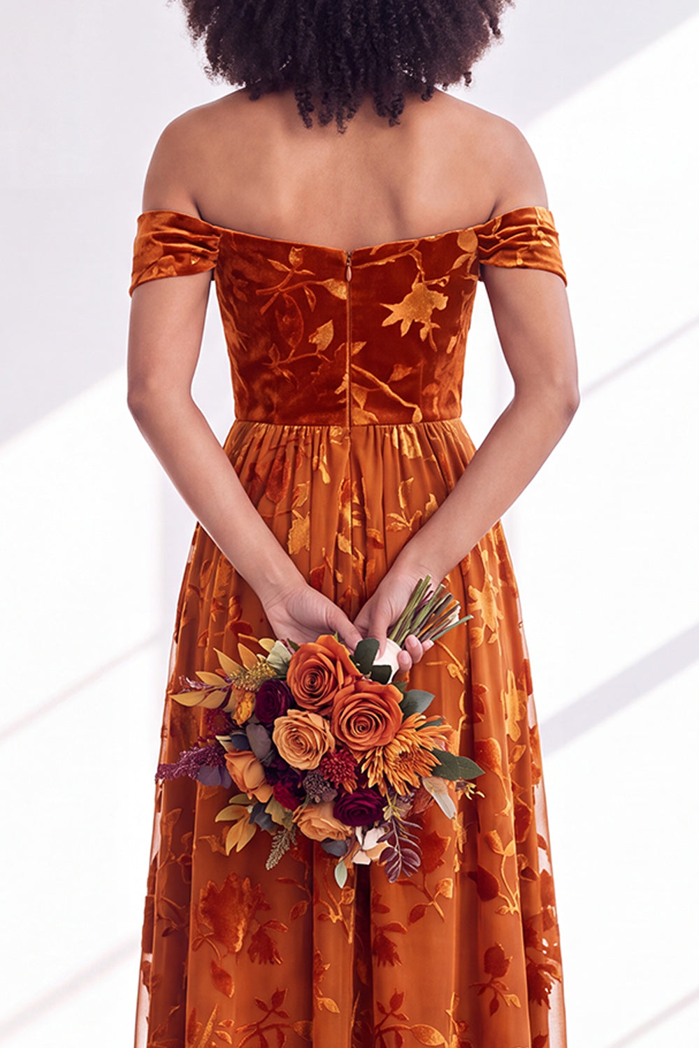 Green A-Line Floral Off the Shoulder Long Velvet Formal Dress
