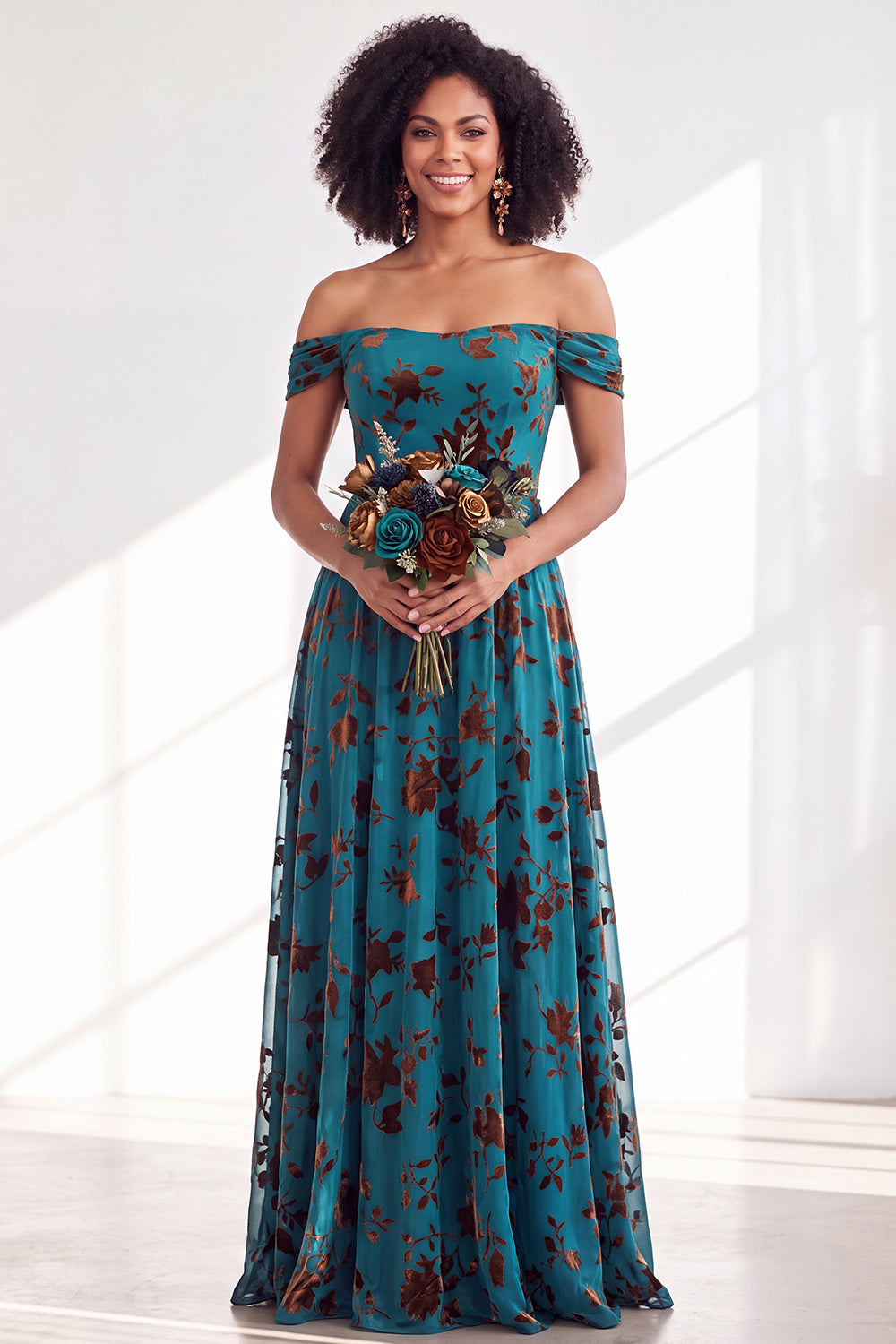 Green A-Line Floral Off the Shoulder Long Velvet Formal Dress