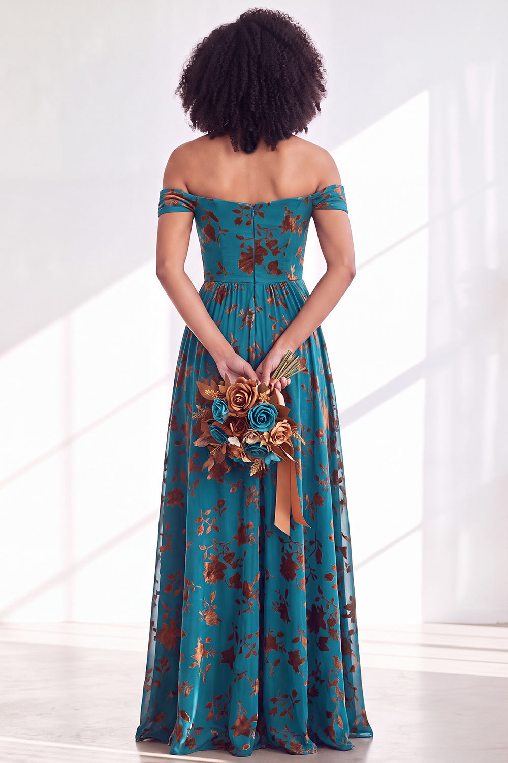 Green A-Line Floral Off the Shoulder Long Velvet Formal Dress