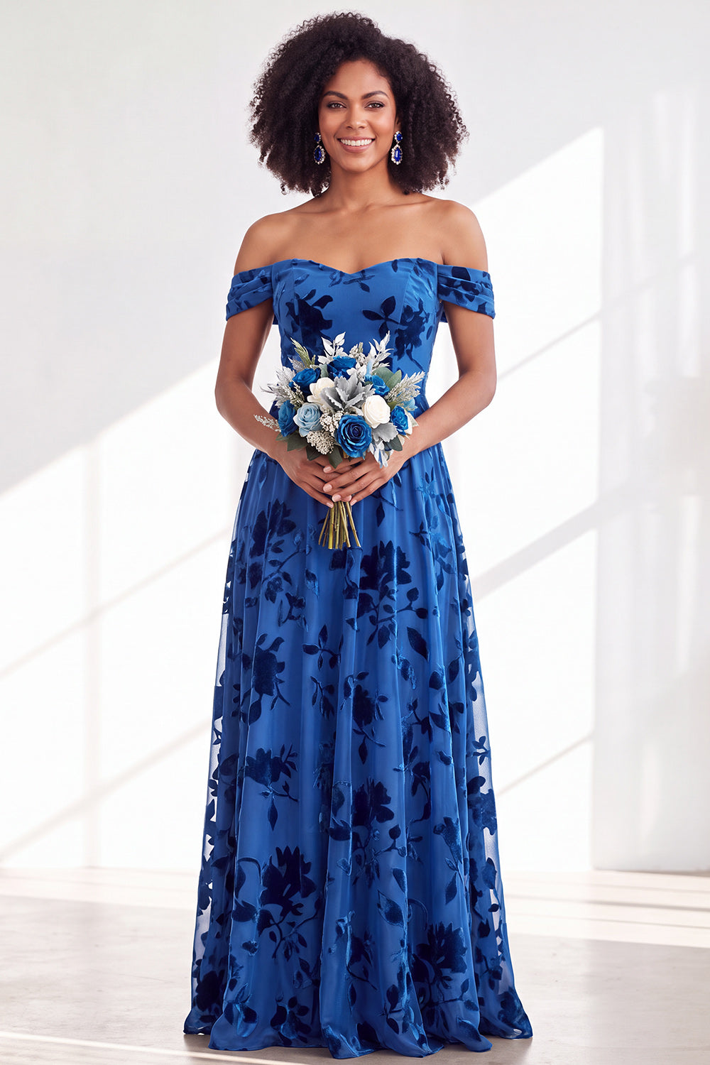 Green A-Line Floral Off the Shoulder Long Velvet Formal Dress