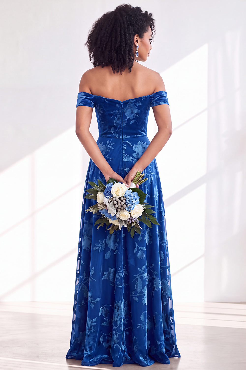 Green A-Line Floral Off the Shoulder Long Velvet Formal Dress