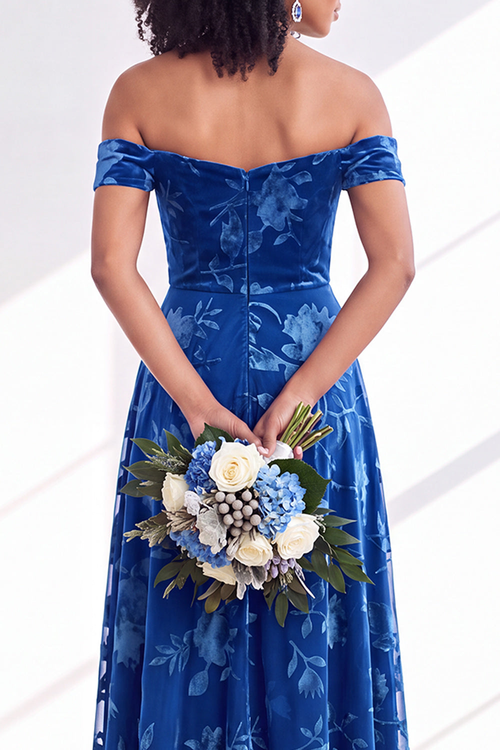 Green A-Line Floral Off the Shoulder Long Velvet Formal Dress