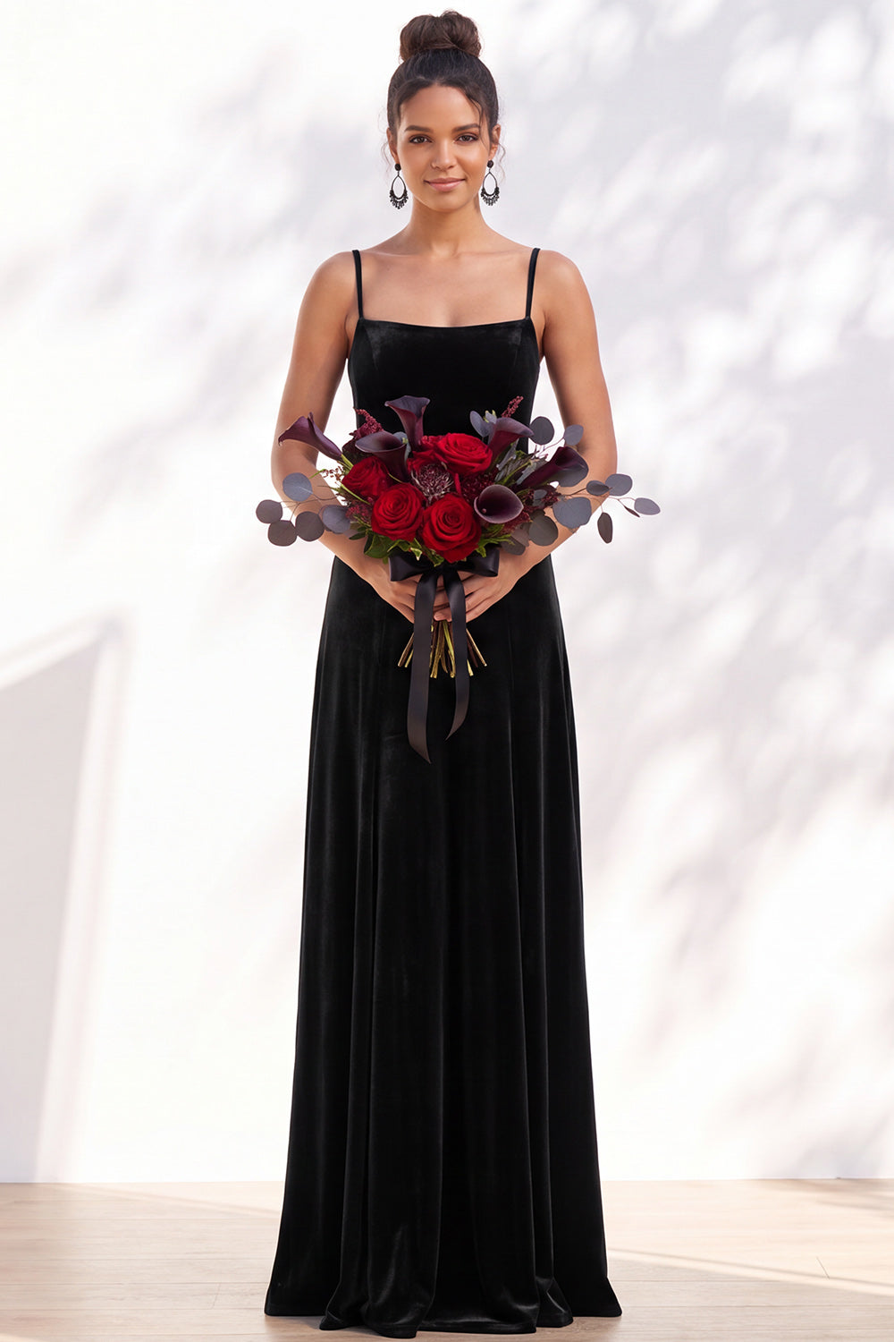 Burgundy A-Line Velvet Spaghetti Straps Long Formal Dress
