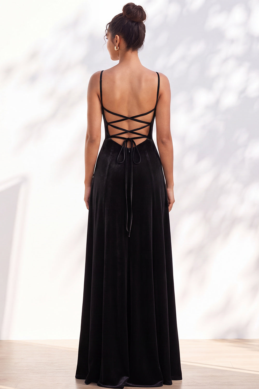 Burgundy A-Line Velvet Spaghetti Straps Long Formal Dress