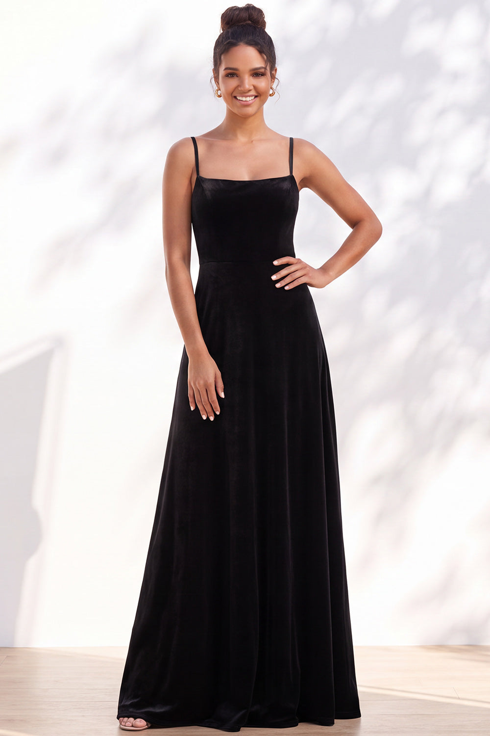 Burgundy A-Line Velvet Spaghetti Straps Long Formal Dress