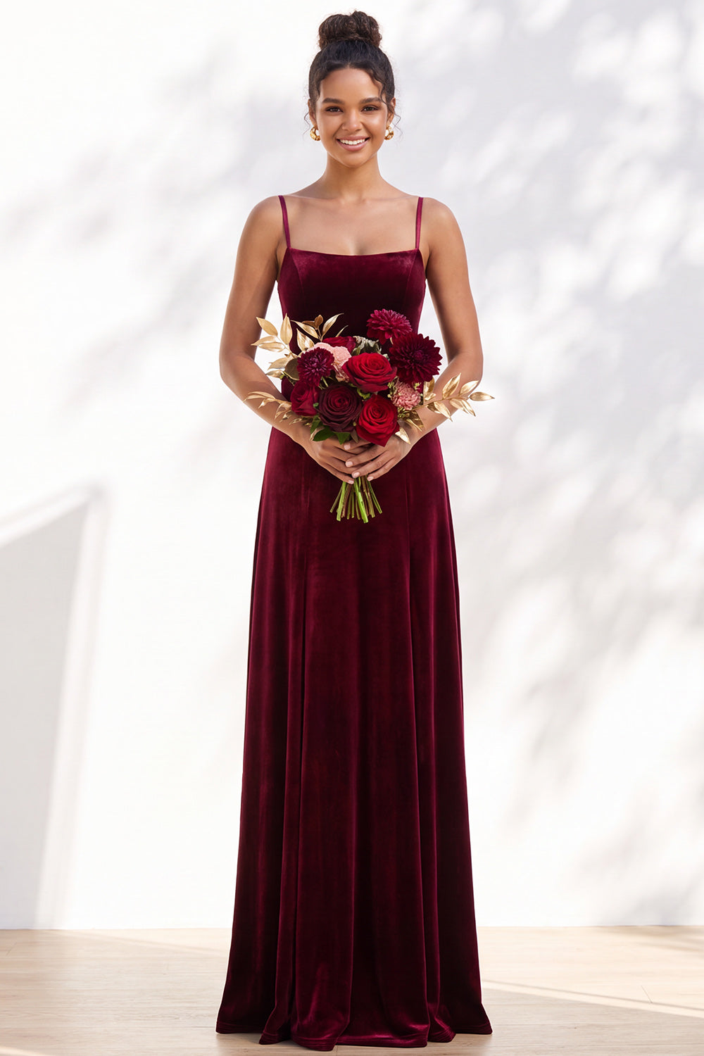 Burgundy A-Line Velvet Spaghetti Straps Long Formal Dress