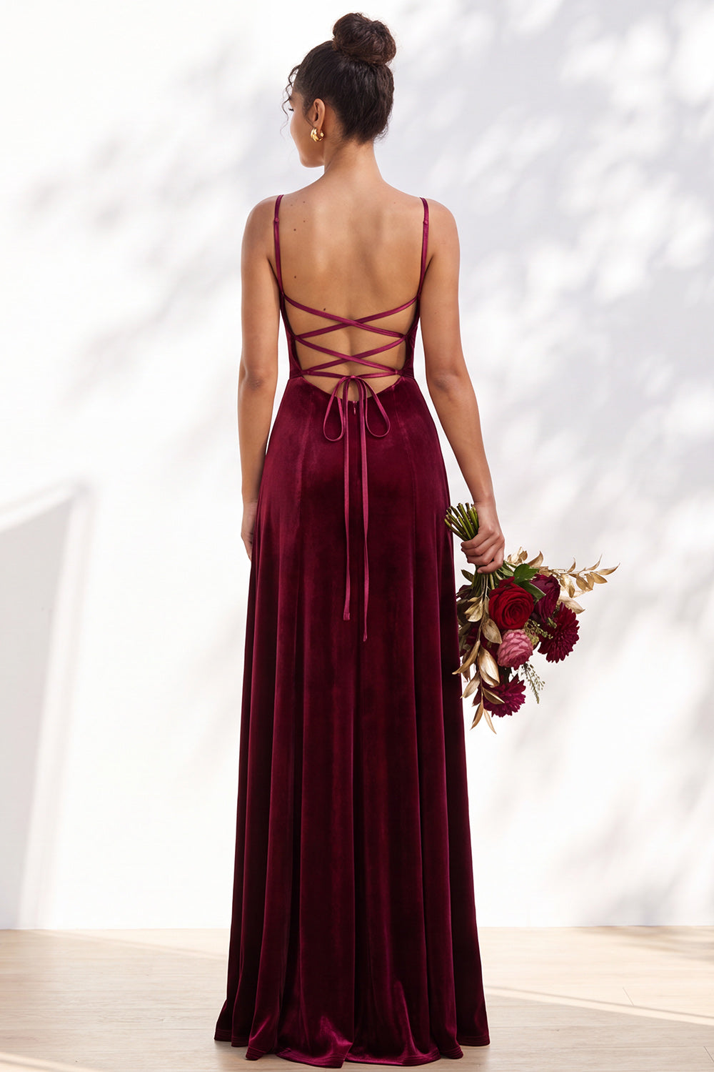 Burgundy A-Line Velvet Spaghetti Straps Long Formal Dress