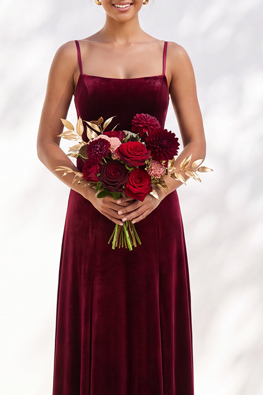 Burgundy A-Line Velvet Spaghetti Straps Long Formal Dress