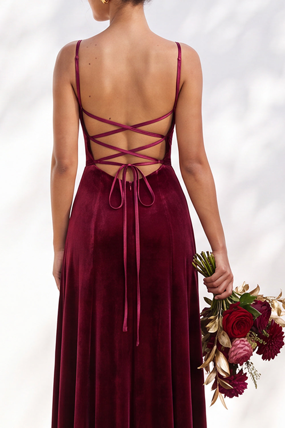Burgundy A-Line Velvet Spaghetti Straps Long Formal Dress