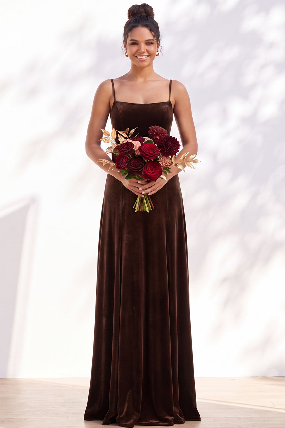 Burgundy A-Line Velvet Spaghetti Straps Long Formal Dress