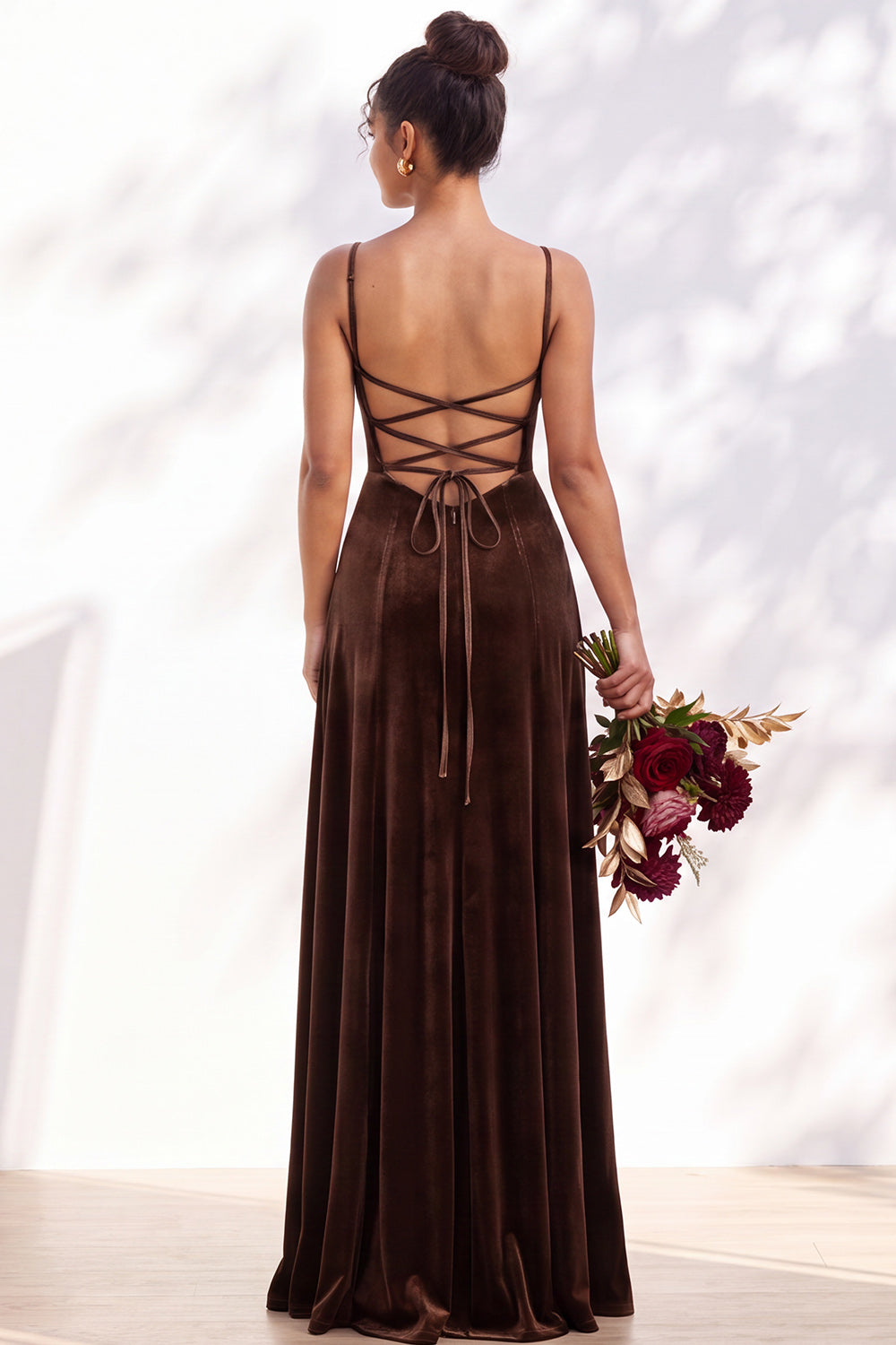 Burgundy A-Line Velvet Spaghetti Straps Long Formal Dress