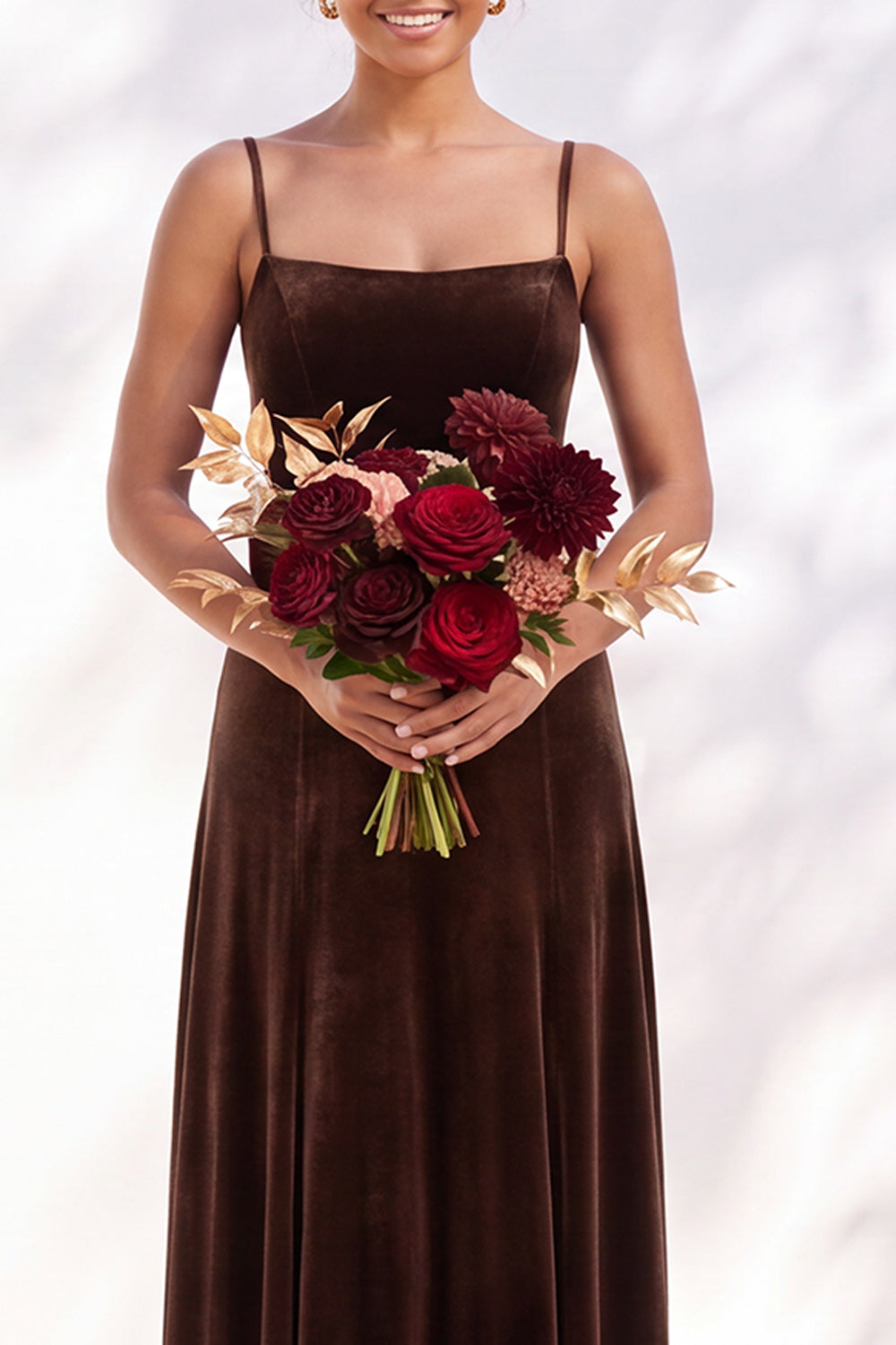 Burgundy A-Line Velvet Spaghetti Straps Long Formal Dress