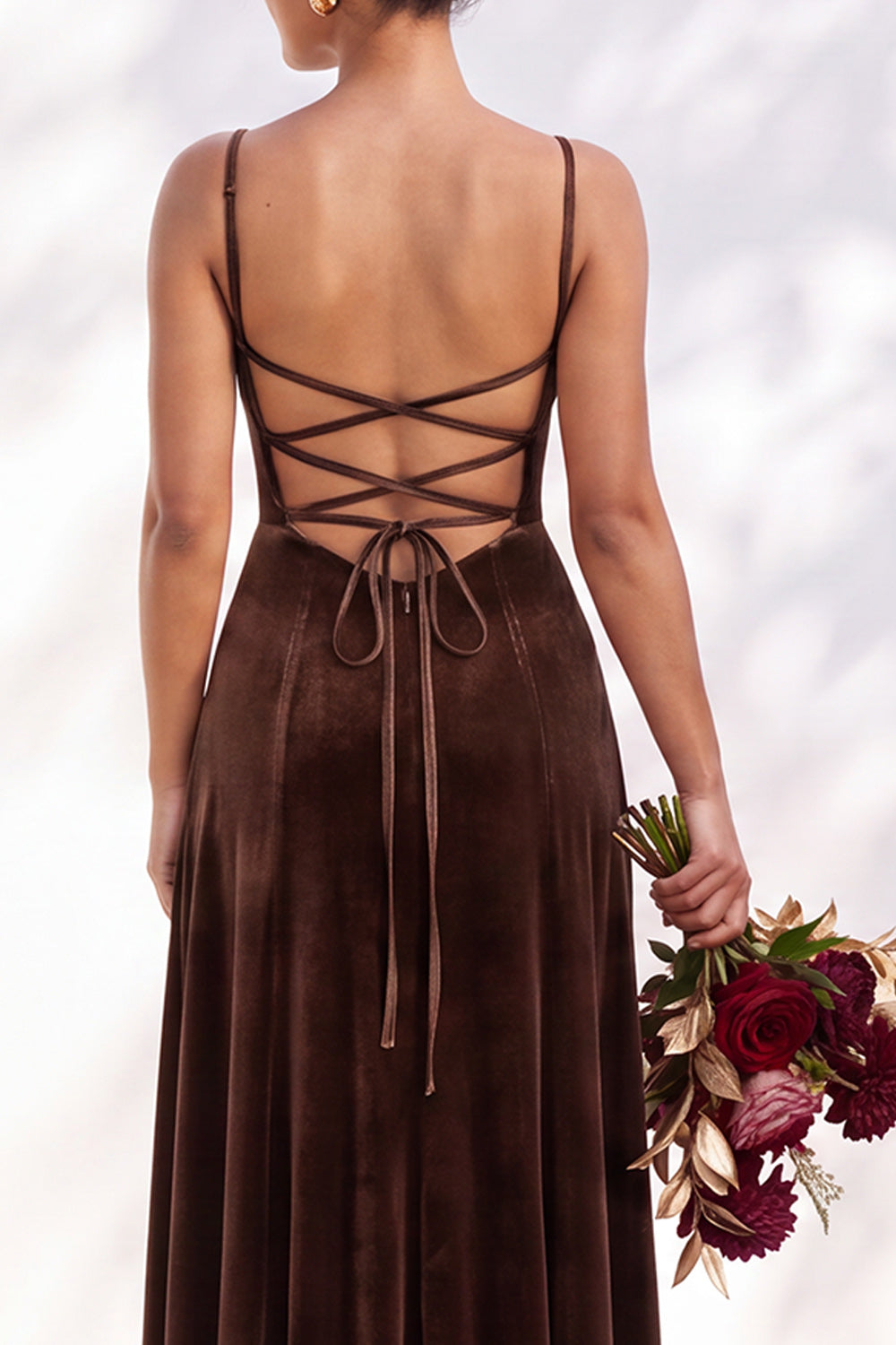 Burgundy A-Line Velvet Spaghetti Straps Long Formal Dress