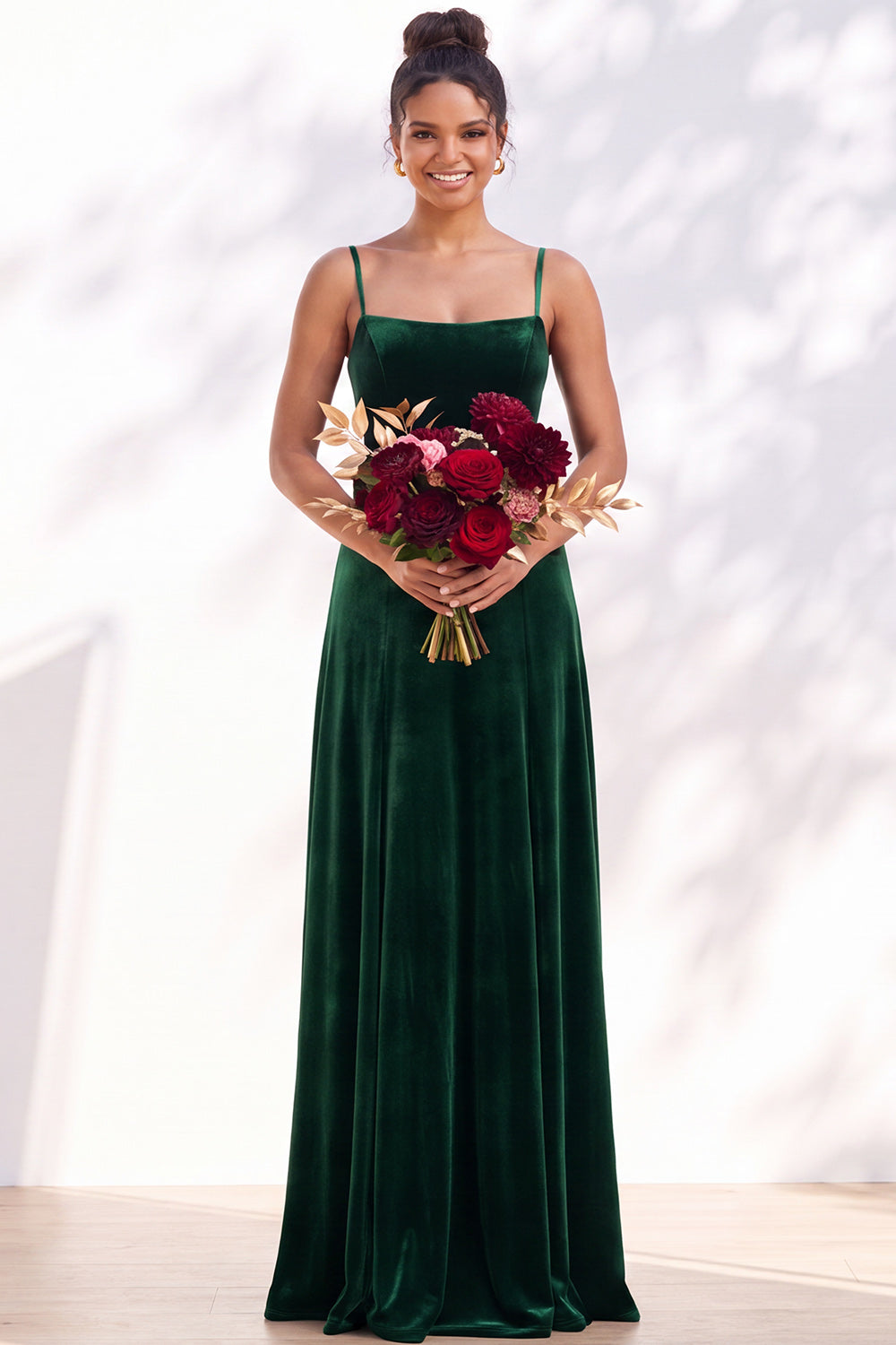 Burgundy A-Line Velvet Spaghetti Straps Long Formal Dress