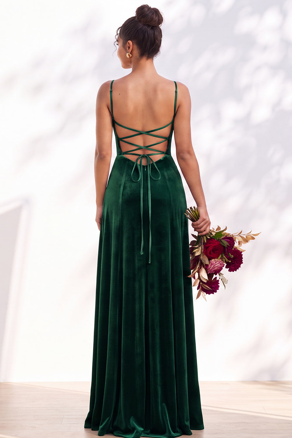 Burgundy A-Line Velvet Spaghetti Straps Long Formal Dress