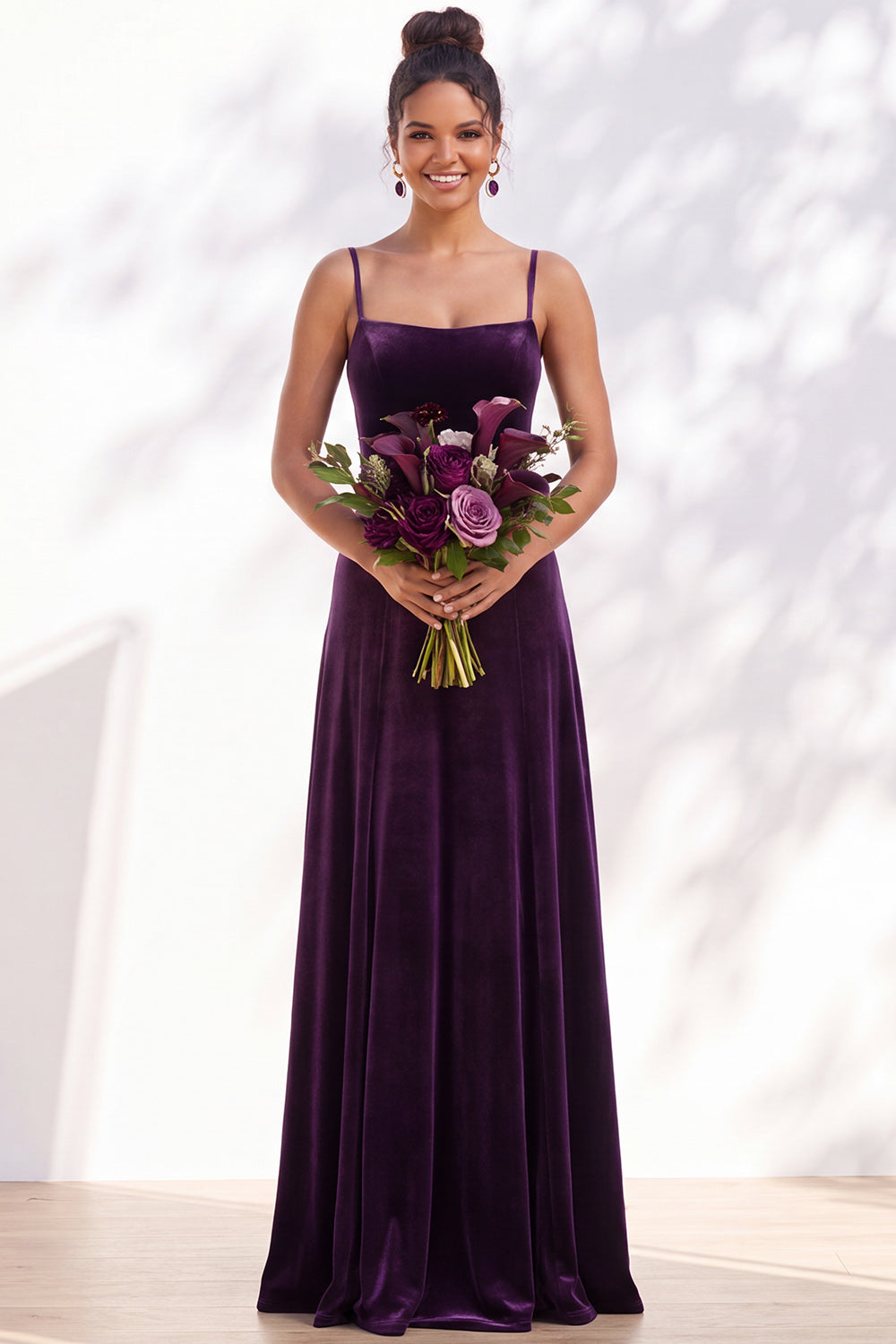 Burgundy A-Line Velvet Spaghetti Straps Long Formal Dress
