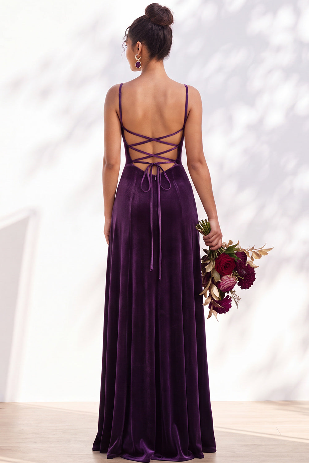 Burgundy A-Line Velvet Spaghetti Straps Long Formal Dress