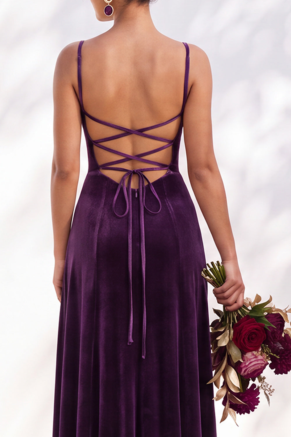 Burgundy A-Line Velvet Spaghetti Straps Long Formal Dress