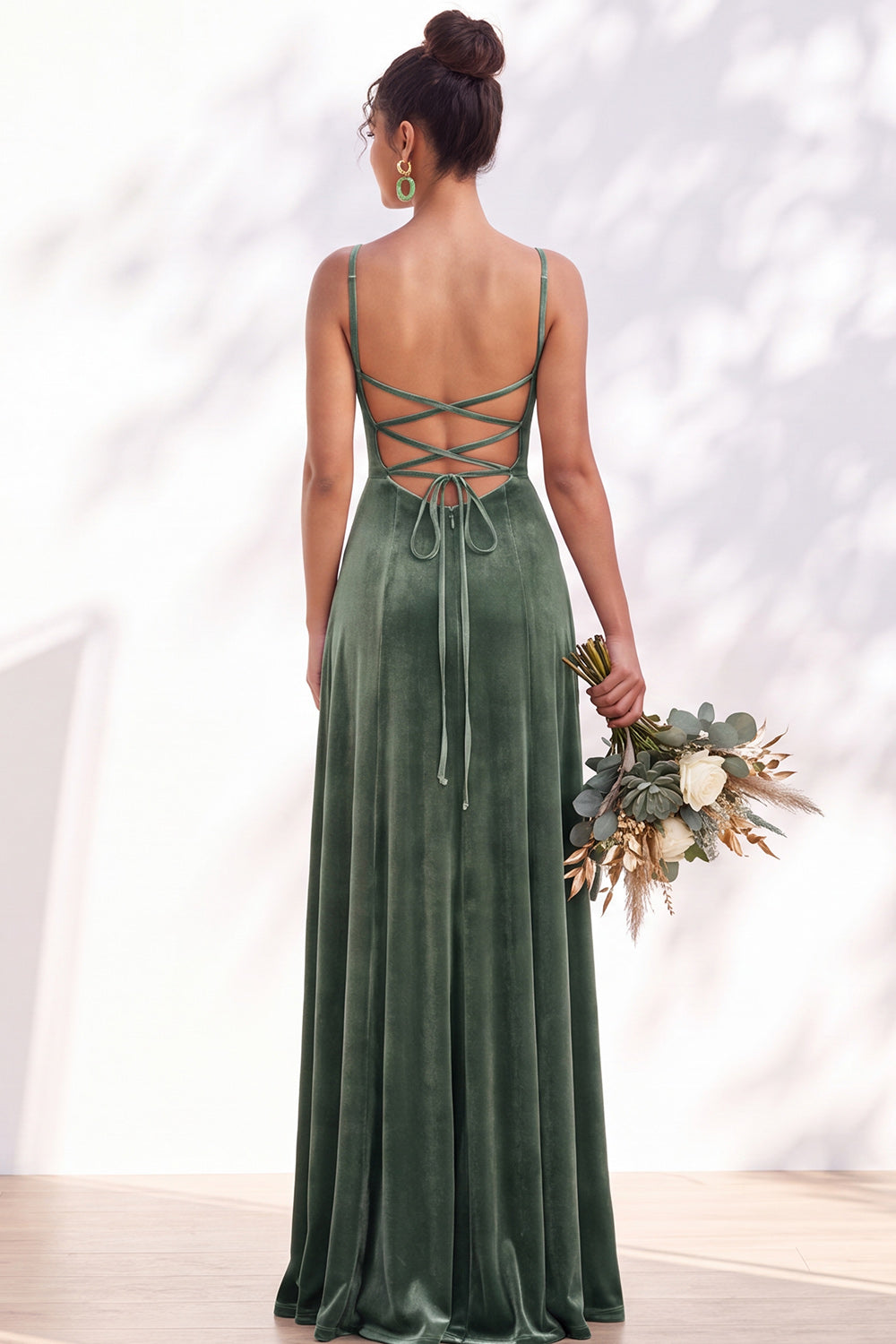 Burgundy A-Line Velvet Spaghetti Straps Long Formal Dress